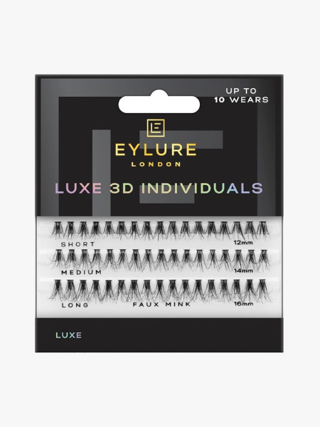 Eylure Luxe 3D Individual Faux Mink Lash Flares in branded component on a light gray background